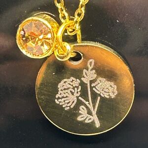 14K Gold plated November birthstone (topaz) and birth flower (peony) necklace,